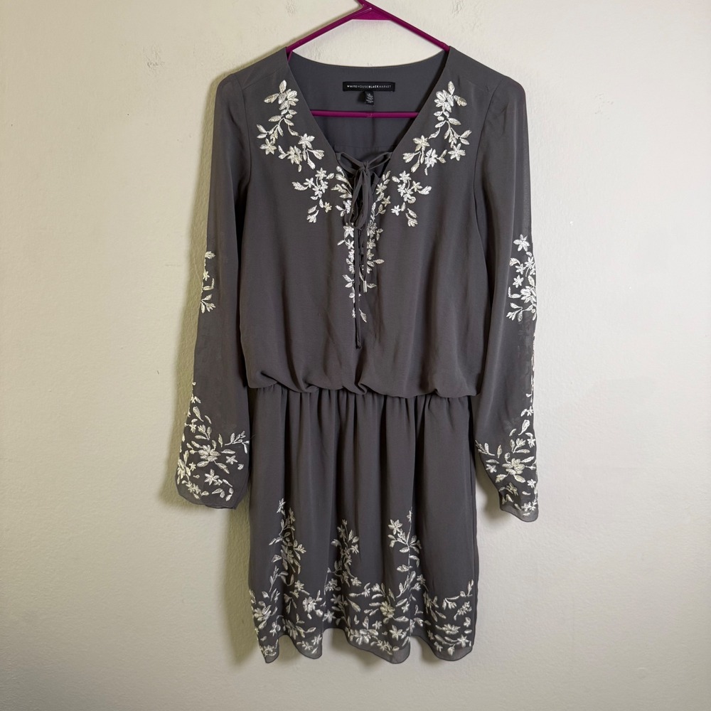 White House Black Market Gray Floral Embroidered Lace Up Dress Long Sleeve 2